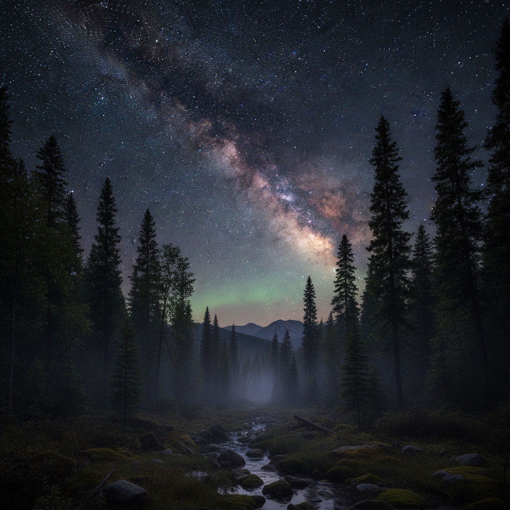 Нощно небе със звезди над тиха гора