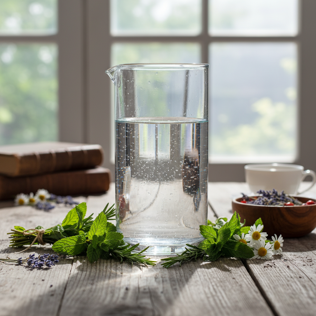 Чиста вода в стъклен съд със слънчеви отблясъци